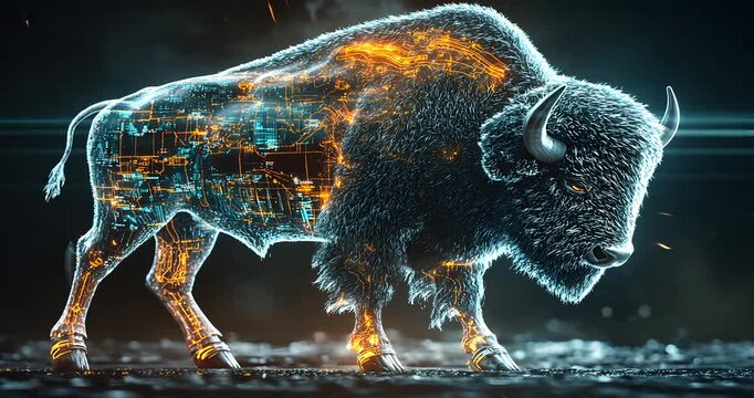 Futuristic bison with glowing circuitry stands in a digital landscape, symbolizing innovation