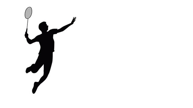 Full Silhouette of a Badminton Player Jumping for a Smash Shot on a Plain White Background - Competitive Sports Concept