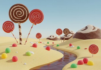 A whimsical, edible island paradise featuring sugary sands, candy trees, and chocolate rivers flowing under a clear, bright sky ,confection ,ice cream ,charming