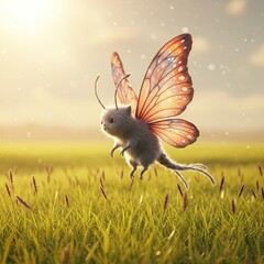 A whimsical, magical creature with soft fur and intricate, colorful wings flutters gently through a vibrant, sunlit meadow ,hybrid ,fantasy ,magic