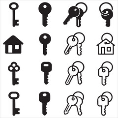 Set of 16 House Key and Keyring Icons: Lock, Home Security, and Access Graphic Symbols