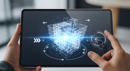 Architectural blueprint visualization on a digital tablet showcasing advanced 3D building modeling technology
