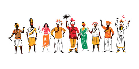 Hand Drawn Indian Village People with Traditional Dress Culture Illustration
