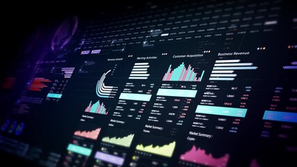 Futuristic financial trading dashboard motion background with glowing charts, analytics interface, stock market graphs, and real-time fintech data visualization design - Powered by Adobe