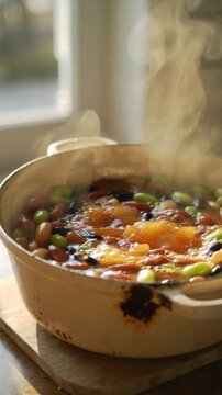 Warm, fresh stew simmering in a rustic pot with vibrant ingredients, steam rising in a cozy kitchen atmosphere, natural light illuminating the scene