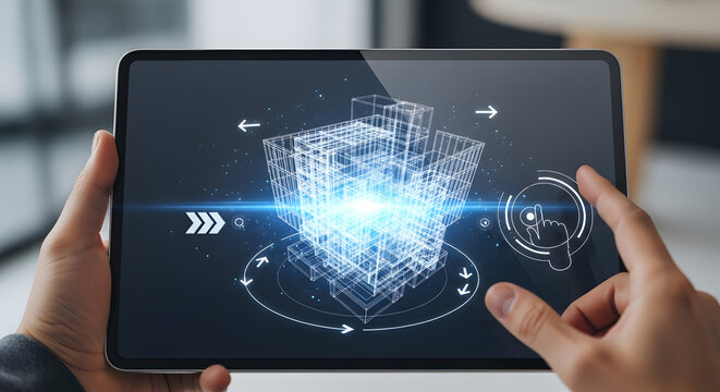 Architectural blueprint visualization on a digital tablet showcasing advanced 3D building modeling technology