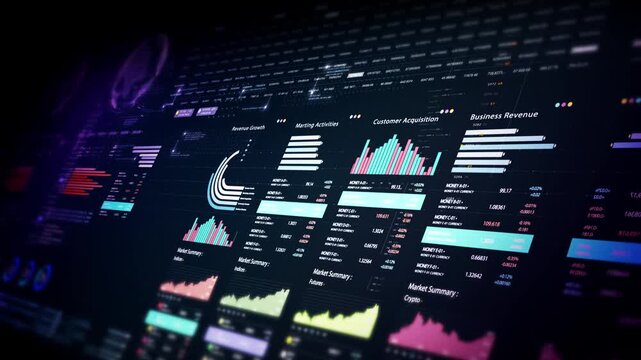 Futuristic financial trading dashboard motion background with glowing charts, analytics interface, stock market graphs, and real-time fintech data visualization design - Powered by Adobe