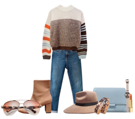 photograph of a complete women's autumn look: striped knit sweater, dark jeans, nude boots, felt hat, pale blue clutch, watch, and lipstick, isolated and ready for commercial display.