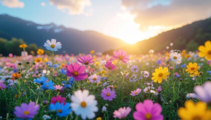 Fototapeta premium Beautiful summer meadow landscape with pink mountain wildflowers under a blue sky