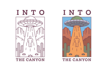 Obraz premium Alien UFO monoline or line art style vector illustration with the words into the canyon