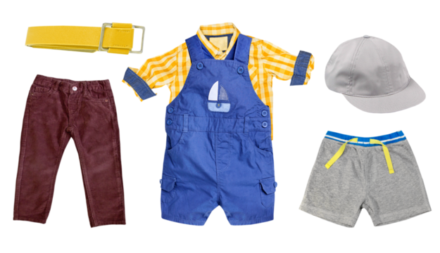 studio photograph of a curated boy's outfit combination featuring blue overalls layered over a yellow shirt, paired with pants, shorts, and a cap, isolated on black.