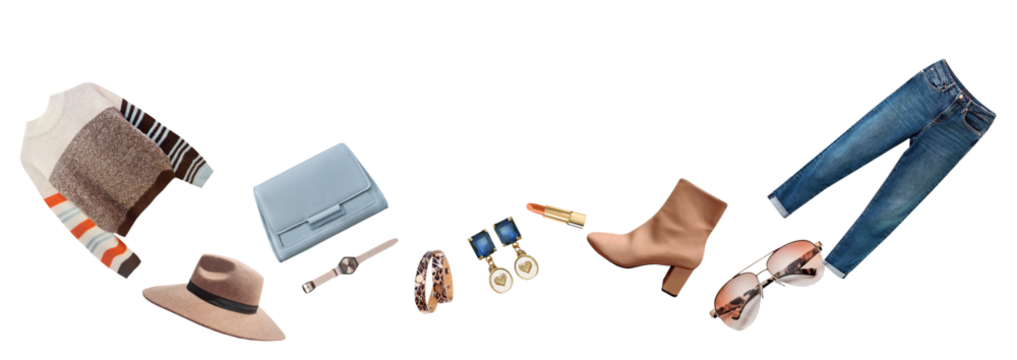 photograph showcasing cozy women's autumn apparel and accessories: striped sweater, dark jeans, nude boots, felt hat, sunglasses, wrist cuff, and clutch bag, isolated flat lay composition.