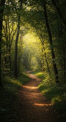 A winding earthen path through a natural forest environment, bathed in soft, warm light, suggesting quiet outdoor exploration ,natural beauty ,scenic ,tranquil