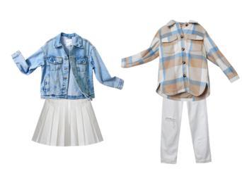 photograph showcasing two stylish, coordinating women's casual outfits side by side, featuring seasonal clothing like a denim jacket and a plaid shacket.