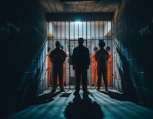 A dramatic, low-key shot capturing the silhouette of an inmate looking out through prison bars from a crowded cell, with other prisoners visible in bright orange uniforms