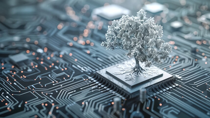 3d render of a silver tree growing on a microchip, circuit board