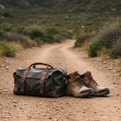 A worn travel bag resting by dusty boots on a dirt path in a remote wilderness setting, signaling a pause during an extended trek ,tourism ,rest ,recreation