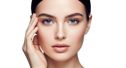 Beautiful young woman with smooth skin touching forehead, closeup portrait isolated on transparent background