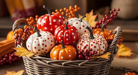 Festive Autumn Pumpkins and Berries in Woven Basket Isolated background