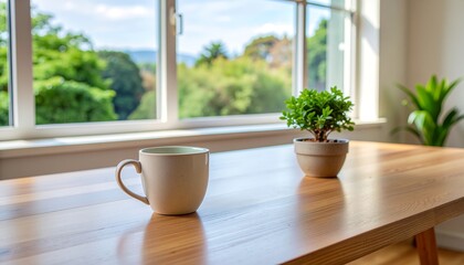 Fototapeta premium Serene Morning Coffee by Sunlit Window with Lush Greenery View