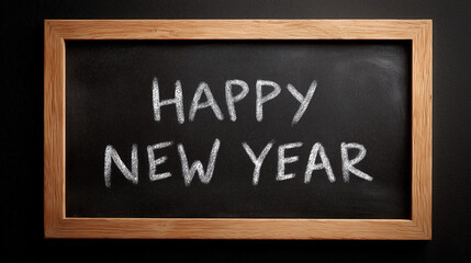 chalkboard with words Happy New Year written in white chalk, framed by wooden border, conveys festive and celebratory message
