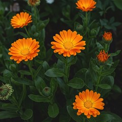 Beautiful calendula flowers with bright orange petals and verdant leaves, growing organically in a sunlit garden, ideal for natural remedies ,herb ,harvest ,close-up