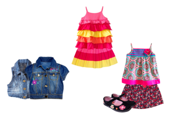 bright photograph displaying stylish children's summer wardrobe items, including a tiered striped dress, denim jackets, a printed skirt, and black flat shoes, isolated for commercial use.