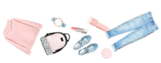 photograph of a trendy teen girl's casual ensemble, featuring a pink hoodie, light wash ripped jeans, quilted backpack, sneakers, pink belt, watch, and makeup, isolated for fashion marketing.