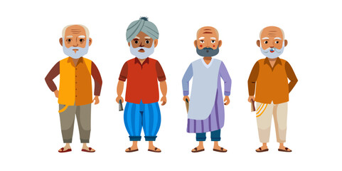Elderly Indian Men in Dhoti Vector | Rural Villager Clipart | Traditional South Asian Senior Male Characters | Desi Old Men Illustration | Village Life Artwork
