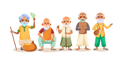 Elderly Indian Men in Dhoti Vector | Rural Villager Clipart | Traditional South Asian Senior Male Characters | Desi Old Men Illustration | Village Life Artwork

