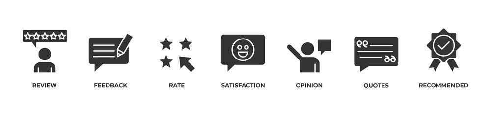 Customer Insights Icons set vector illustration glyph with Review , Feedback, Rate, Satisfaction, Opinion, Quotes, Recommended