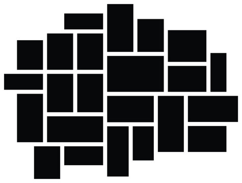 Empty Collage Photo frames. Mockup Frame layout for photo and brand grid with card illustration in black. Images portfolio presentation in different forms on wall. 