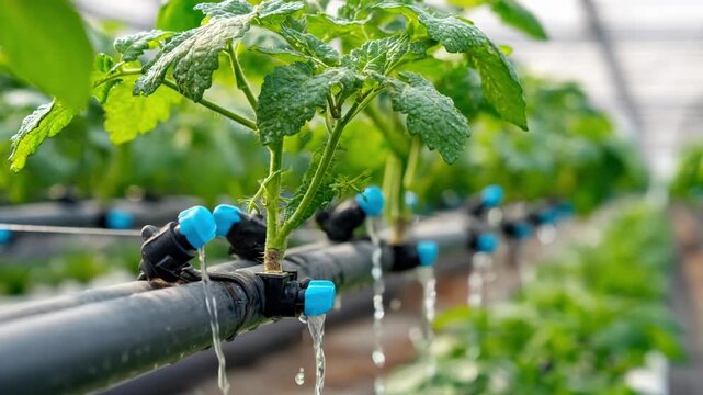 Medium shot of organic fertigation system delivering natural nutrients through drip irrigation in a greenhouse setting highlighting sustainable farming practices.