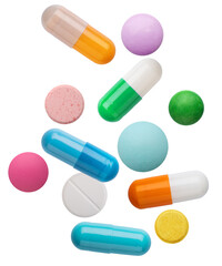 diverse assortment of colorful pharmaceutical capsules and circular tablets floating dynamically, representing modern medicine and healthcare.