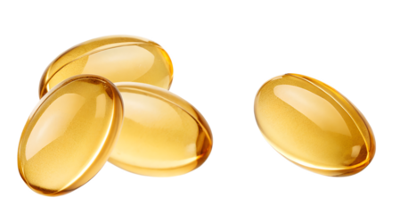 close-up photograph of four golden yellow translucent gel capsules, likely containing omega 3 or fish oil, highlighted against a transparent background.