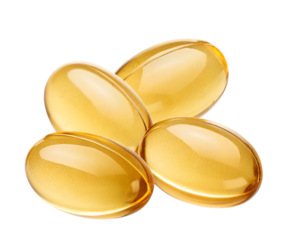 high quality photograph showing four golden yellow omega-3 fish oil or vitamin d softgel capsules isolated against a pure transparent background.