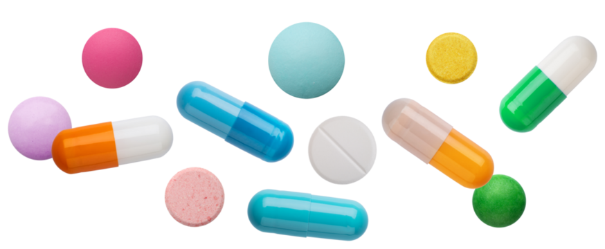 horizontal arrangement of colorful capsules, round tablets, and medication pills, scattered broadly against a dark background, illustrating pharmacology.