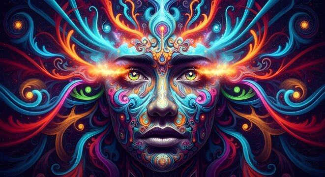 A captivating artwork featuring a face with vibrant, intricate patterns and bright colors 