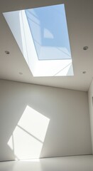 Bright natural light streams through a modern skylight, illuminating a pristine interior space with soft, even glow, creating an airy atmosphere ,architecture ,inviting ,eco