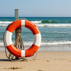 Bright red and white rescue ring with rope, positioned on a sandy beach near calm ocean waves, symbolizing maritime safety and coastal protection ,emergency gear ,safety ,shore