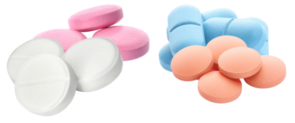 photograph showcasing a large variety of colorful pills and tablets, including white, pink, blue, and orange, mixed together against black.