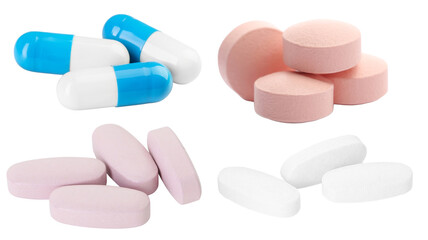 photograph illustrating a complex variety of medication featuring blue and white capsules, pink round tablets, and oblong white and pink pills.