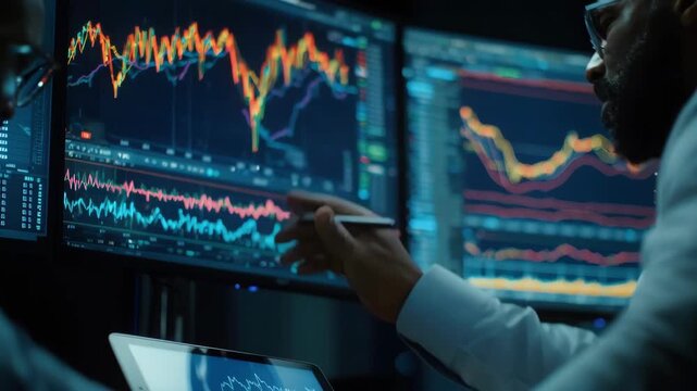 Corporate team analyzing blockchain charts on screen emphasizing efficiency in supply chain tracking and transparency.