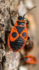 Bright red and black bug clinging to textured tree bark in a close-up natural scene