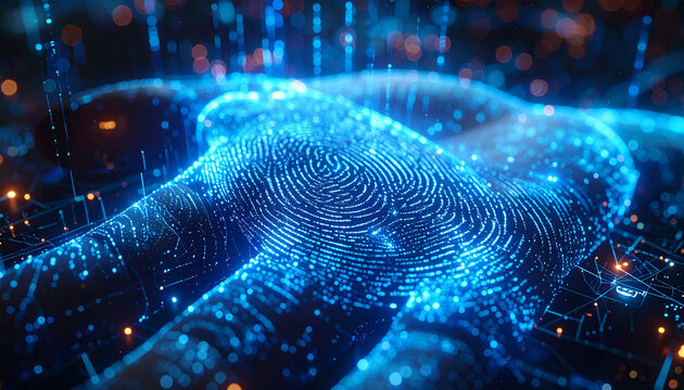 Digital Fingerprint: An illuminated close-up unveils the intricacies of a digital fingerprint, symbolizing security and identity in the digital age.