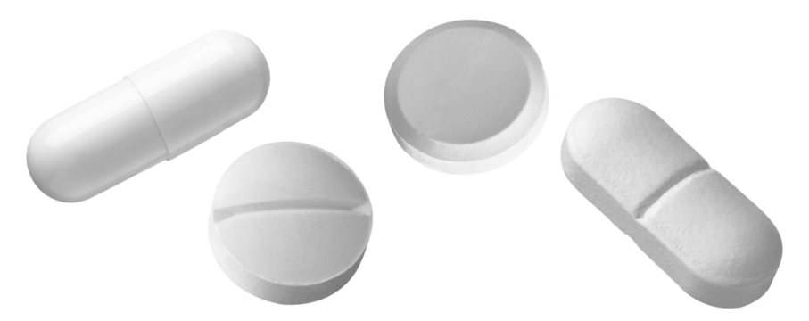 collection of various white pharmaceutical forms including capsules, round tablets, and oblong pills, isolated dynamically against a transparent background.