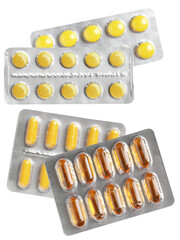 overlapping blister packs containing various medicines, including yellow round tablets and amber liquid gel capsules, isolated on a transparent background.