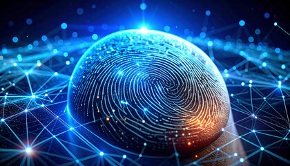 Fingerprint security system: A digital fingerprint, intricately interlaced with a web of luminous networks.