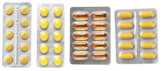 four assorted pharmaceutical blister packs arranged neatly side-by-side, showcasing round tablets and oblong capsules against a solid black backdrop.