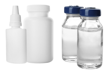 pharmaceutical photograph showcasing various medicine containers including clear glass vials, a large white prescription bottle, and a small nasal spray bottle isolated against black.